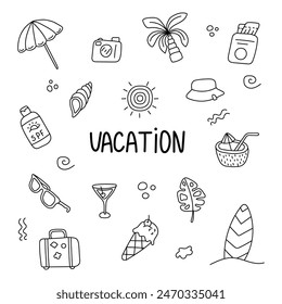 Vacation set in doodle style. Vector isolated on white background