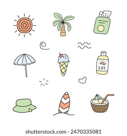 Vacation set in doodle style. Vector isolated on white background