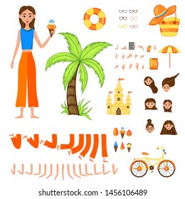 Vacation set of female characters. Girl with holiday attributes on a white background. Vector illustration