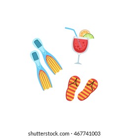 Vacation Set With Fins, Fliip-Flops And Cocktail