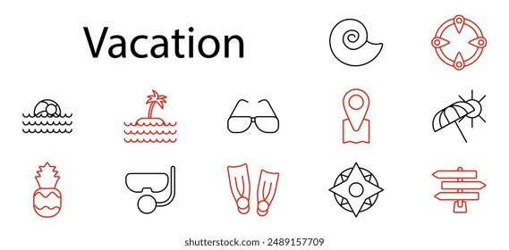 Vacation set icon. Beach, island, sunglasses, map, shell, lifebuoy, pineapple, snorkel, fins, compass, signpost, travel, tourism, holiday, summer, tropical.