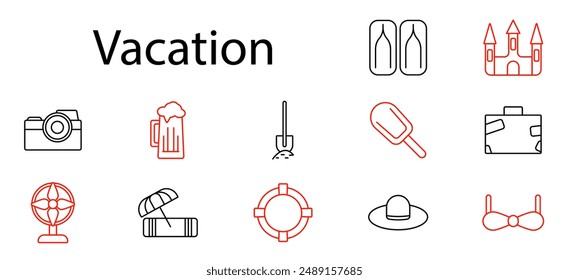 Vacation set icon. Camera, beer, shovel, ice cream, suitcase, fan, beach, lifebuoy, hat, bikini, travel, tourism, holiday, adventure, journey, relaxation, leisure, fun, sightseeing.