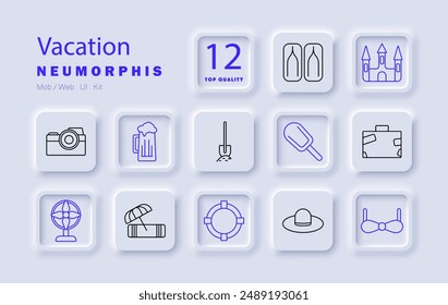 Vacation set icon. Camera, beer, shovel, popsicle, suitcase, fan, beach towel, hat, bikini, travel, holiday, summer, relaxation, leisure, tourism, vacation items, getaway essentials.