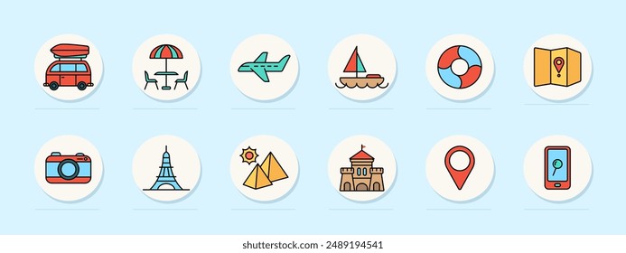 Vacation set icon. Camper van, beach umbrella, airplane, sailboat, lifebuoy, map, camera, Eiffel Tower, pyramids, sandcastle, location pin, smartphone, holiday, travel, tourism.