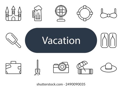 Vacation set icon. Castle, beer, fan, lifebuoy, bikini, popsicle, suitcase, shovel, camera, umbrella, hat, beach, travel, leisure, relaxation, trip.