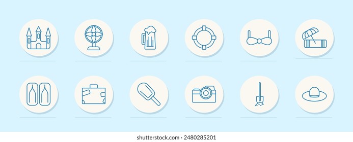 Vacation set icon. Castle, globe, bikini, ice cream, camera, beach umbrella, beer, lifebuoy, flippers, suitcase, shovel, hat. Travel and leisure concept. Vector line icon on white background.