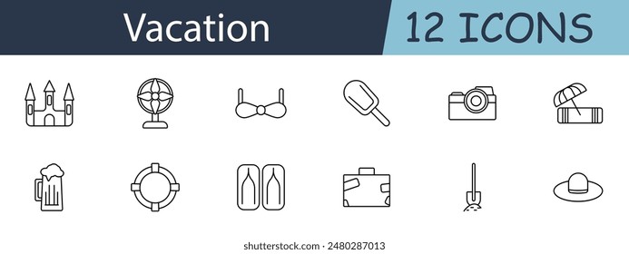 Vacation set icon. Castle, globe, bikini, ice cream, camera, beach umbrella, beer, lifebuoy, flippers, suitcase, shovel, hat. Travel and leisure concept. Vector line icon on white background.