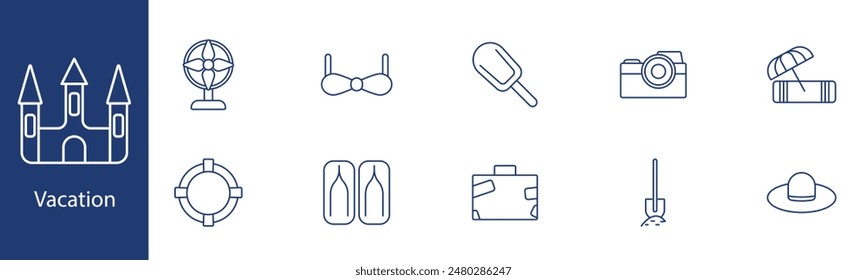 Vacation set icon. Fan, bikini, ice cream, camera, flip flops, suitcase, shovel, hat, beach ball, umbrella. Travel, holiday, beach concept.