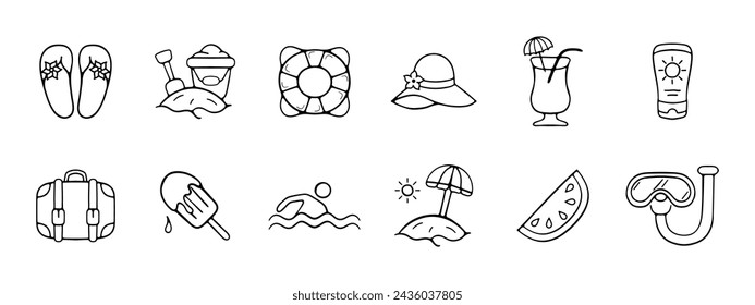 Vacation set icon. Flip flops, forested castles, lifebuoy, Panama hat, cocktail, suitcases, beach, ice cream, swimming, island, lime, underwater mask. Vacation, resort concept. Vector line icon.