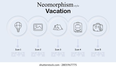Vacation set icon. Floating hotair balloon, framed photograph picture, camping tent shelter, rolling suitcase baggage, tourism neumorphism outline graphics collection