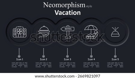 Vacation set icon. Hotel building, hand with food tray, hotel signboard, person under umbrella, service bell outlined on soft dark circular buttons in modern neomorphism design