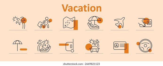 Icono de conjunto de vacaciones. Incluye avión, playa, paraguas, coche, sol, palma, bolso, mapa, ID, conductor, pasajero, billete y Elementos relacionados con viajes en estilo delgado con círculos naranjas.