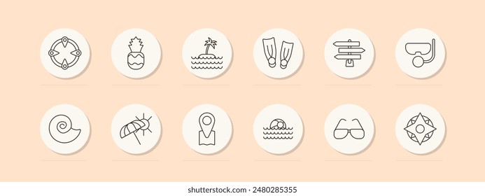 Vacation set icon. Lifebuoy, pineapple, island, snorkel, seashell, insect, map, swimming, sunglasses, compass. Travel, leisure, summer concept. Vector line icons on beige background.