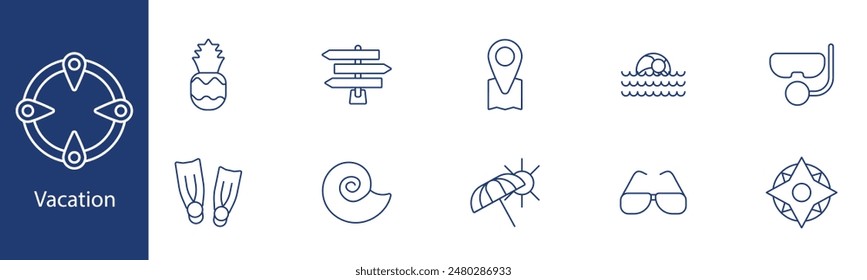 Vacation set icon. Pineapple, signpost, location, swimming pool, snorkeling, flippers, seashell, sunglasses, compass. Travel, holiday, leisure activities, summer vacation concept.