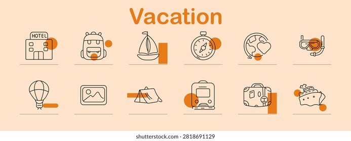 Vacation set icon. Resort accommodation, travel backpack, sailing yacht, navigation compass, global tourism, underwater snorkel, hotair balloon, landscape artwork, camping shelter