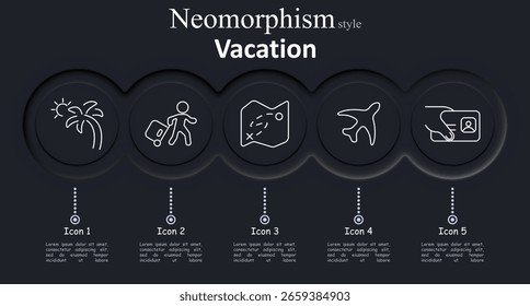 Vacation set icon. Sun with palm, tourist with suitcase, map with route, airplane, hand holding ID card shown in outlined neomorphic icon buttons.