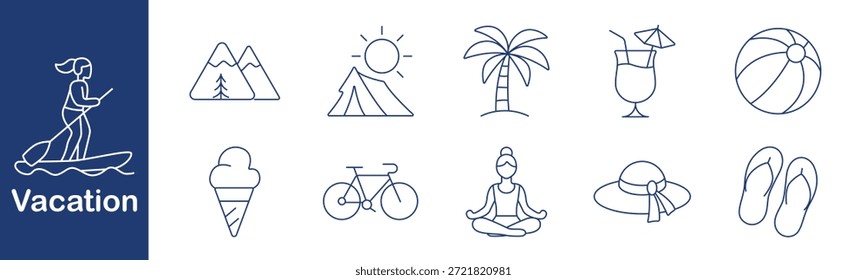 Vacation set icon. Surf, mountains, sun, tent, palm, cocktail, ball, ice cream, bike, yoga, hat, flip flops. Travel, beach, relax, sport, summer, nature, tropical, outdoor, holiday, leisure.