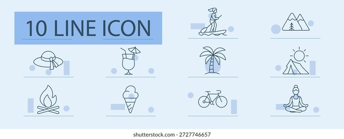Vacation set icon. Surfing, mountain, tent, hat, cocktail, palm, sun, campfire, bike, ice cream, yoga, summer, outdoor, travel, holiday, freedom, recreation, relax, hiking, activity