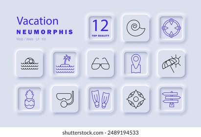 Vacation set icon. Swimming, island, sunglasses, location pin, seashell, snorkeling, flippers, compass, pineapple, insect, relaxation, travel, holiday, tourism, beach, adventure, leisure, destination.