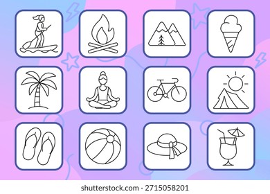 Icono de conjunto de vacaciones. Tienda, palma, helado, bola, chanclas, bebida, yoga, tabla de surf, fogata, bicicleta, sombrero, viaje, relajarse, al aire libre, playa.