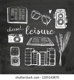 Vacation set, leisure doodles vector collection in vintage style on chalkboard background