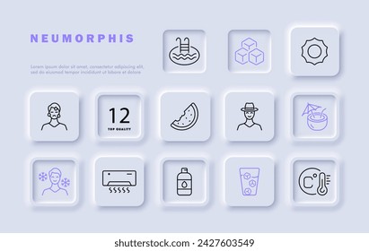 Vacation set line icon. Beach, sand, palm trees, watermelon, air conditioning, swimming pool, ice cube. Neomorphism style. Vector line icon for business and advertising