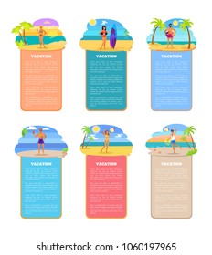 Vacation set posters collection, text sample and headlines, people by seaside with drinks and surfboard, vacation isolated on vector illustration