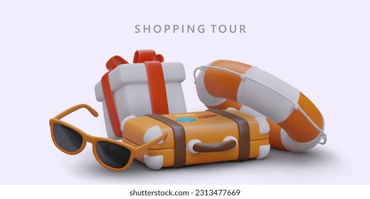 Vacation with shopping at seaside resort. Assistance of local guide, escort, transport to markets, shops. Gifts for family and friends. Vector poster with 3D objects for billboard, flyer, website