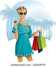Vacation Shopping - Vector illustration of a young woman with shopping bags and credit cards on an exotic background with palm trees. 