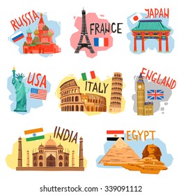 Vacation sightseeing tourism travel agencies flat pictograms collection with popular countries capitals symbols abstract isolated vector illustration