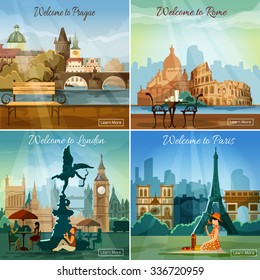 Vacation sightseeing worlds famous capitals tours travel 4 flat pictograms collection square banner abstract isolated vector illustration