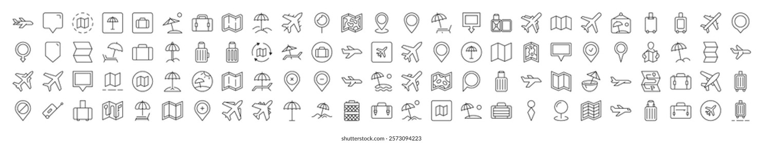 Vacation Simple Linear Illustrations. Contains Icons of Plane, Map, Location, Beach Umbrella that Can Be Used for Design of Cards, Posts, Apps, Web Sites