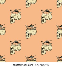 VACATION SKULL COCKTAIL SEAMLESS PATTERN COLOR ORANGE BACKGROUND