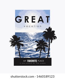 vacation slogan with palm tree shadow on sunset and ocean background