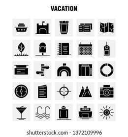 Vacation Solid Glyph Icons Set For Infographics, Mobile UX/UI Kit And Print Design. Include: Picnic, Summer, Vacation, Building, Vacation, City, Flag, Board, Icon Set - Vector