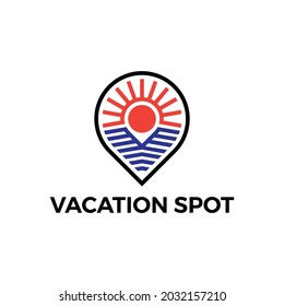 vacation spot logo template with pin and beach sunset icon