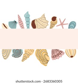 Plantilla de tarjeta de felicitación cuadrada de vacaciones con espacio vacío enmarcado por bordes de conchas marinas en colores pastel. Estilo plano de dibujos animados para viajes, playa, verano, turismo y proyectos creativos.