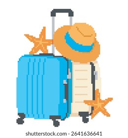 vacation suitcase pixel art, vector illustration on isolated background.