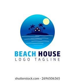 Urlaub und Sommer Strand kreatives Logo-Design. Im Freien schöne Sonne und Strandlandschaft Vektorgrafik.