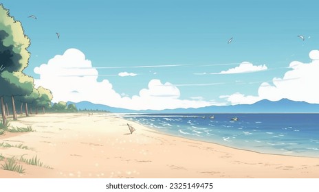 Vacation in summer, beach with sea shore sea nature resort with waves and sand warm weather. Vector graphics background texture for interior, design, interior decoration, picture for print, wallpaper