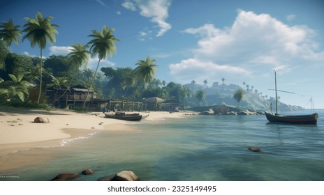 Vacation in summer, beach with sea shore sea nature resort with waves and sand warm weather. Vector graphics background texture for interior, design, interior decoration, picture for print, wallpaper