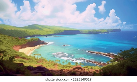 Vacation in summer, beach with sea shore sea nature resort with waves and sand warm weather. Vector graphics background texture for interior, design, interior decoration, picture for print, wallpaper