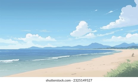 Vacation in summer, beach with sea shore sea nature resort with waves and sand warm weather. Vector graphics background texture for interior, design, interior decoration, picture for print, wallpaper