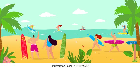 Vacation at summer beach, vector illustration. People character surfing at sea, woman man surfer character with cartoon surfboard. Ocean tropical sport, water travel at board, holiday leisure.