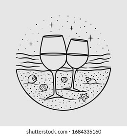 Ferien Sommer Strand Vintage Vektorillustration Linie Kunstgrafik. isolierte Vektorillustration.