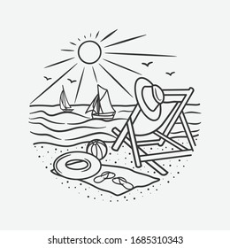 vacation summer beach vintage vector line art illustration. isolated vector.