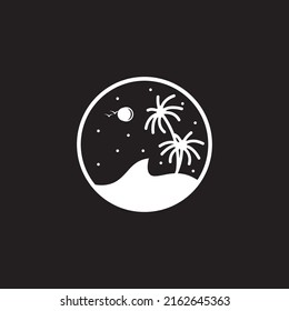 vacation  summer  beach  waves  coconut trees  isolated circle with dark background logo vector icon symbol illustration design