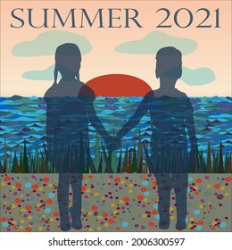 Vacation at the summer camp by the sea. Children hold hands and look into the distance. Summer beach. Vector poster.