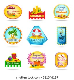 Vacation and summer cartoon emblems set with diving party and spa isolated vector illustration 