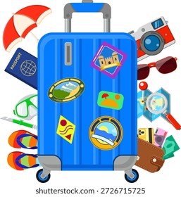 Concepto de vacaciones y verano Concepto de vacaciones, turismo y verano con iconos planos para el Sitio web, publicidad como maleta con pasaporte, mapa, cartera, cámara y máscara de buceo. Ilustración vectorial aislada.